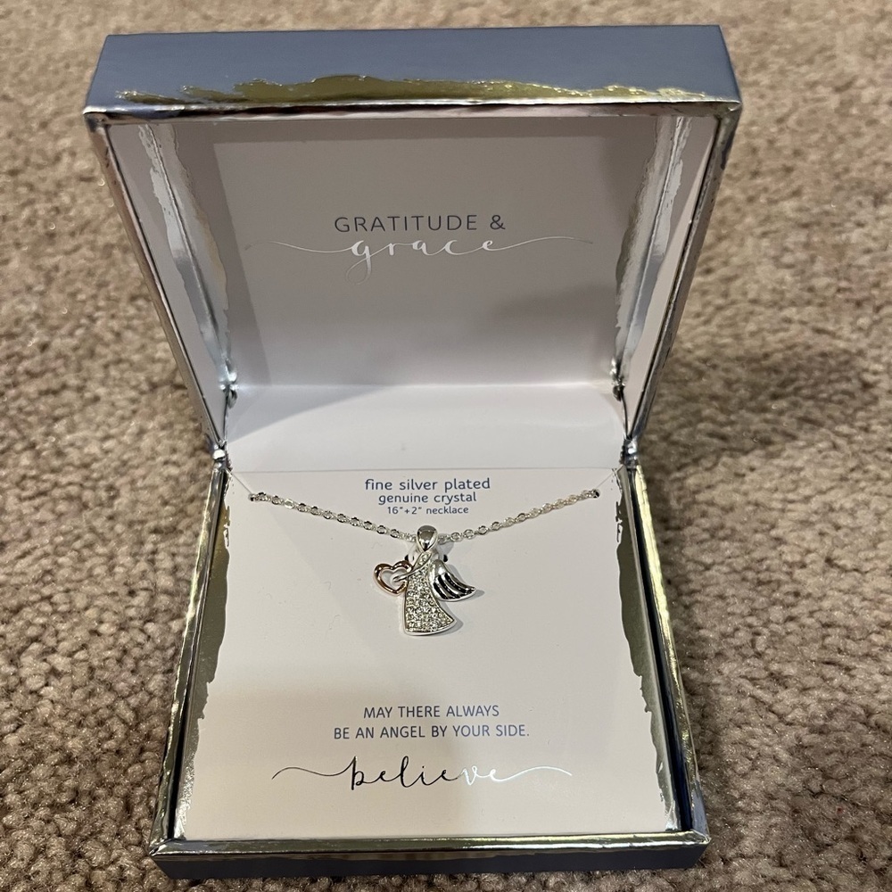 Gratitude & Grace Fine Silver Plated Genuine Crystal Angel Necklace